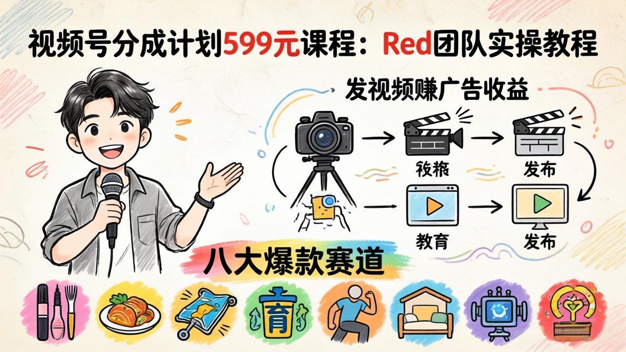 视频号分成计划599元课程：Red团队实操教程，发视频赚广告收益，八大爆款赛道全掌握-源创文化-轻创终点站