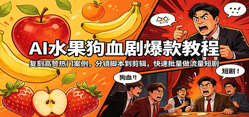 AI水果狗血剧爆款教程：复刻高赞热门案例，分镜脚本到剪辑，快速批量做流量短剧-源创文化-轻创终点站