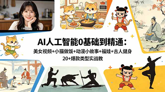 AI人工智能0基础到精通：美女视频+小猫做饭+动漫小故事+福娃+古人健身，20+爆款类型实战教学-源创文化-轻创终点站