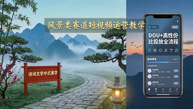 风景类赛道短视频运营教学：诗词文学中式美学，新号养号对标账号定位，DOU+高性价比投放全流程-源创文化-轻创终点站