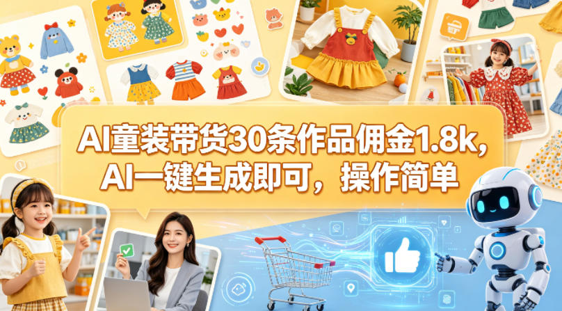 AI童装带货30条作品佣金1.8k，AI一键生成即可，操作简单-源创文化-轻创终点站