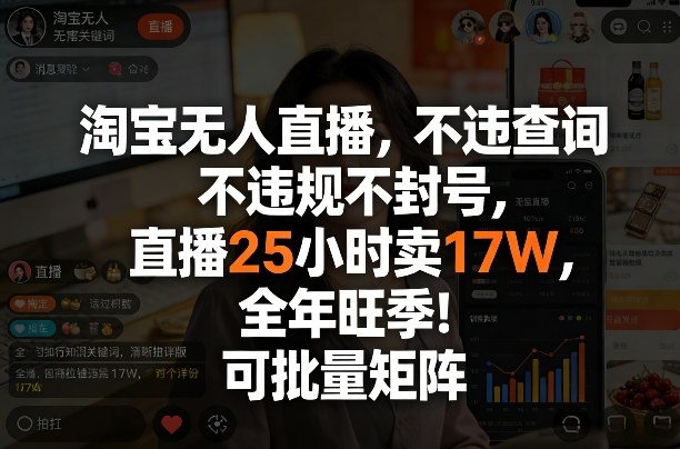 淘宝无人直播，不违规不封号，直播25小时卖17W，全年旺季！可批量矩阵【揭秘】-源创文化-轻创终点站